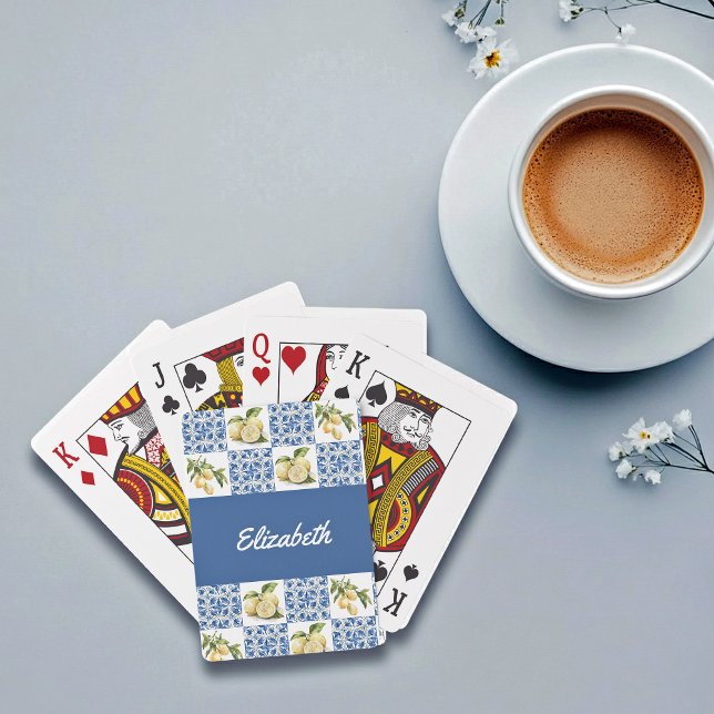 Blue Tile French Country Lemon Custom Name Poker Cards (Creator Uploaded)