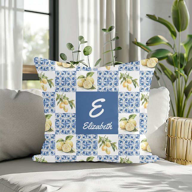 Blue Tile French Country Lemon Monogram Name Throw Pillow (Creator Uploaded)