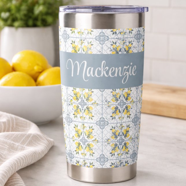 Blue Tile French Country Lemon Name Monogram Insulated Tumbler (Creator Uploaded)