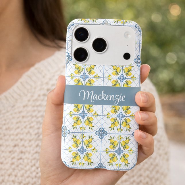 Blue Tile French Country Lemon Name Monogram iPhone Case (Creator Uploaded)