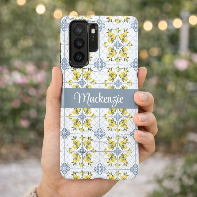 Blue Tile French Country Lemon Name Monogram Samsung Galaxy Case (Creator Uploaded)