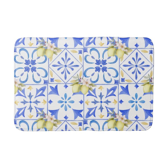 Blue Tile French Country Lemon Pattern Bath Mat (Front)