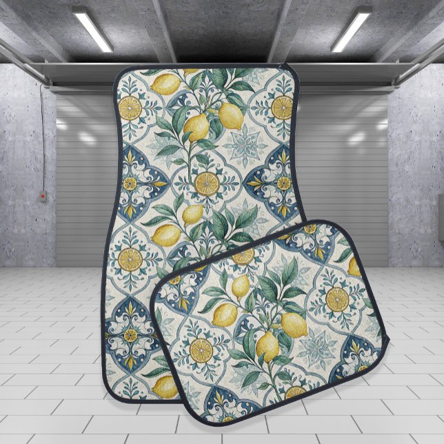 Blue Tile French Country Lemon Pattern Car Floor Mat (Creator Uploaded)