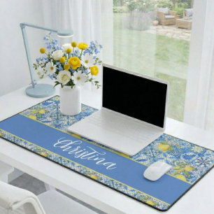 Blue Tile French Country Lemon Pattern Desk Mat