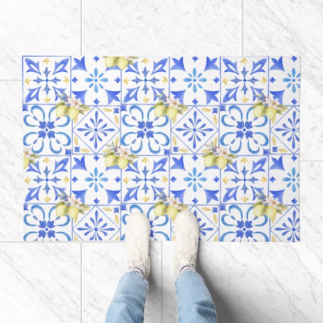Blue Tile French Country Lemon Pattern Doormat (Indoor)
