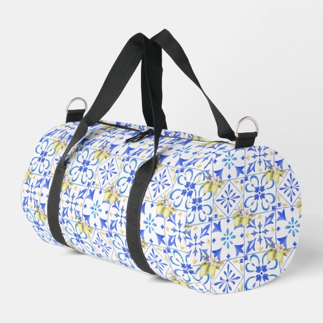 Blue Tile French Country Lemon Pattern Duffle Bag (Left Corner)