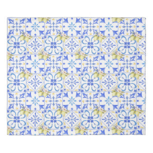 Blue Tile French Country Lemon Pattern Duvet Cover