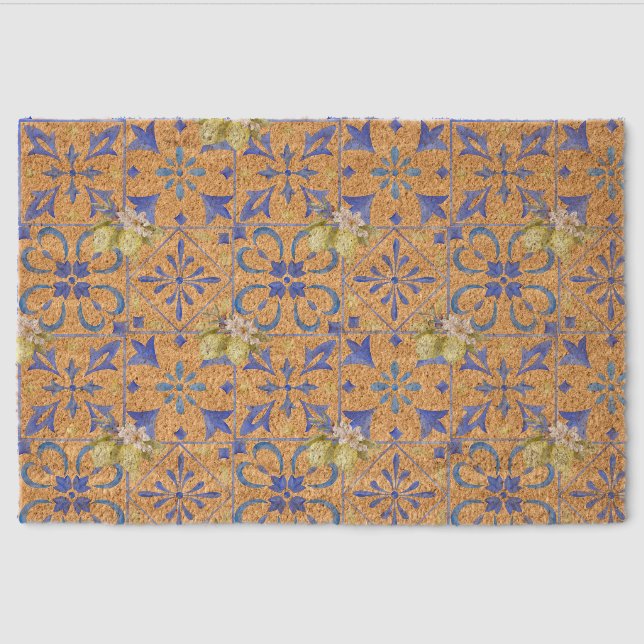 Blue Tile French Country Lemon Pattern Fiber Doormat (Front)