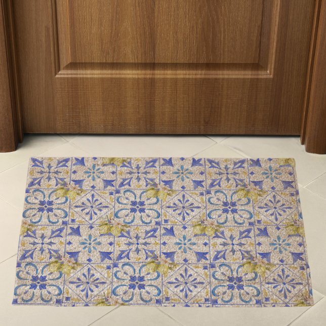 Blue Tile French Country Lemon Pattern Fiber Doormat (Creator Uploaded)
