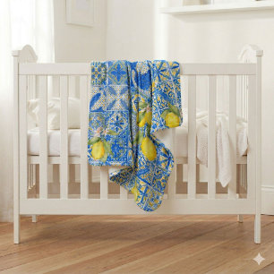Blue Tile French Country Lemon Pattern Home Decor Baby Blanket