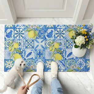 Blue Tile French Country Lemon Pattern Home Decor Doormat