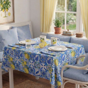 Blue Tile French Country Lemon Pattern Home Decor Tablecloth