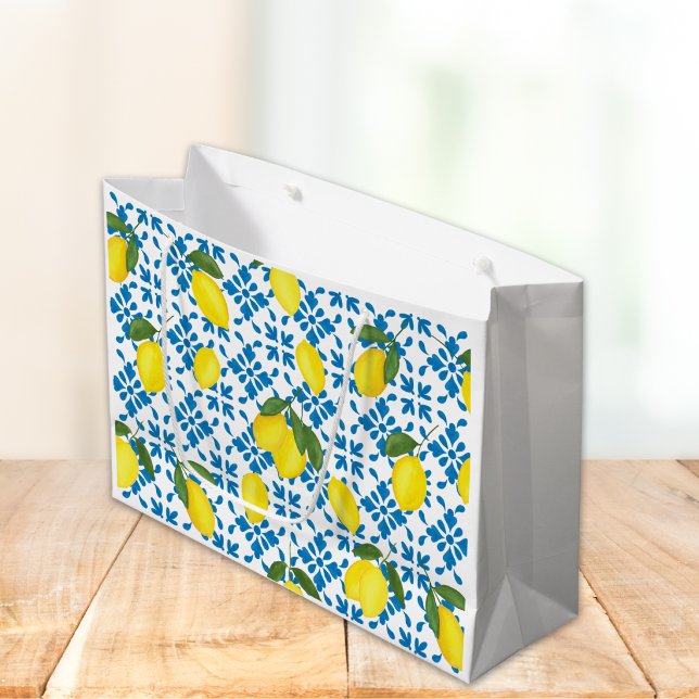 Blue Tile French Country Lemon Pattern  Large Gift Bag (Creator Uploaded)