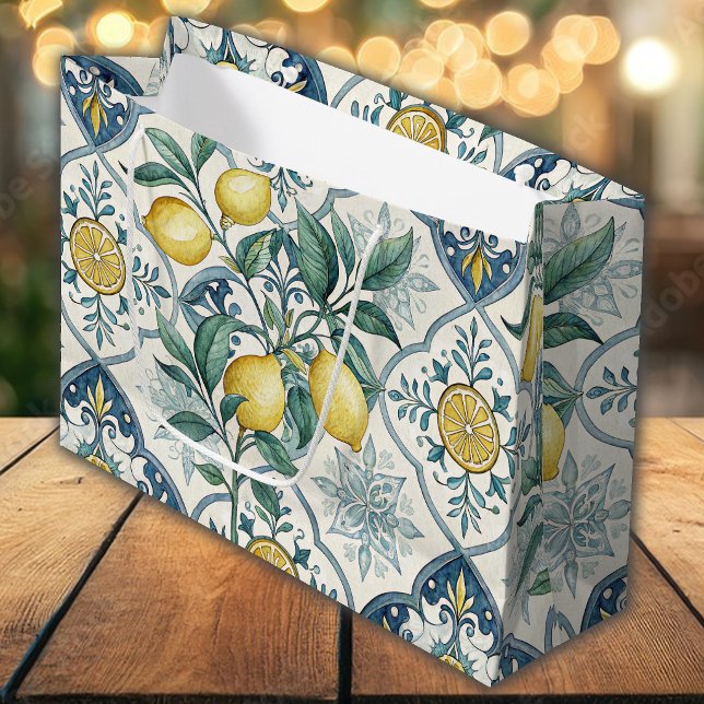 Blue Tile French Country Lemon Pattern Large Gift Bag (Creator Uploaded)