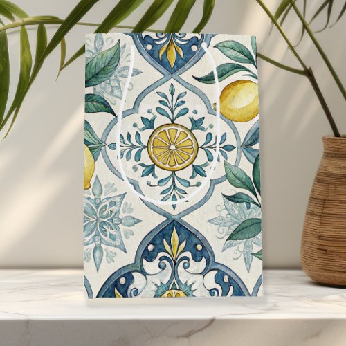 Blue Tile French Country Lemon Pattern Medium Gift Bag