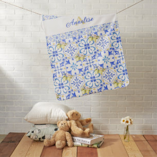 Blue Tile French Country Lemon Pattern Monogram Baby Blanket