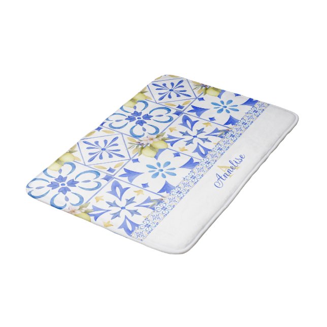 Blue Tile French Country Lemon Pattern Monogram  Bath Mat (Angled)
