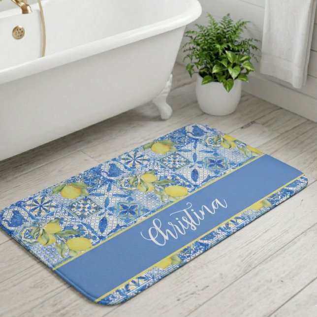 Blue Tile French Country Lemon Pattern Monogram Bath Mat (Creator Uploaded)