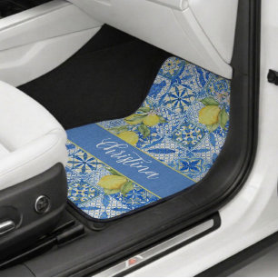 Blue Tile French Country Lemon Pattern Monogram Car Floor Mat