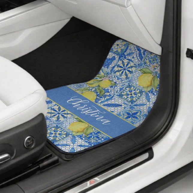 Blue Tile French Country Lemon Pattern Monogram Car Floor Mat (Creator Uploaded)