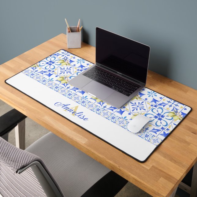 Blue Tile French Country Lemon Pattern Monogram Desk Mat (Office 2)
