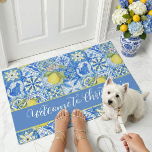 Blue Tile French Country Lemon Pattern Monogram Doormat