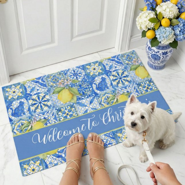 Blue Tile French Country Lemon Pattern Monogram Doormat (Creator Uploaded)