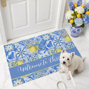 Blue Tile French Country Lemon Pattern Monogram Doormat