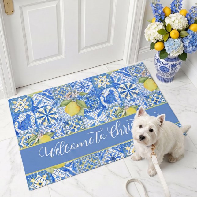 Blue Tile French Country Lemon Pattern Monogram Doormat (Creator Uploaded)