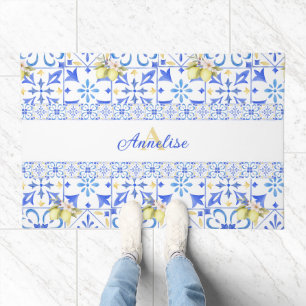 Blue Tile French Country Lemon Pattern Monogram Doormat