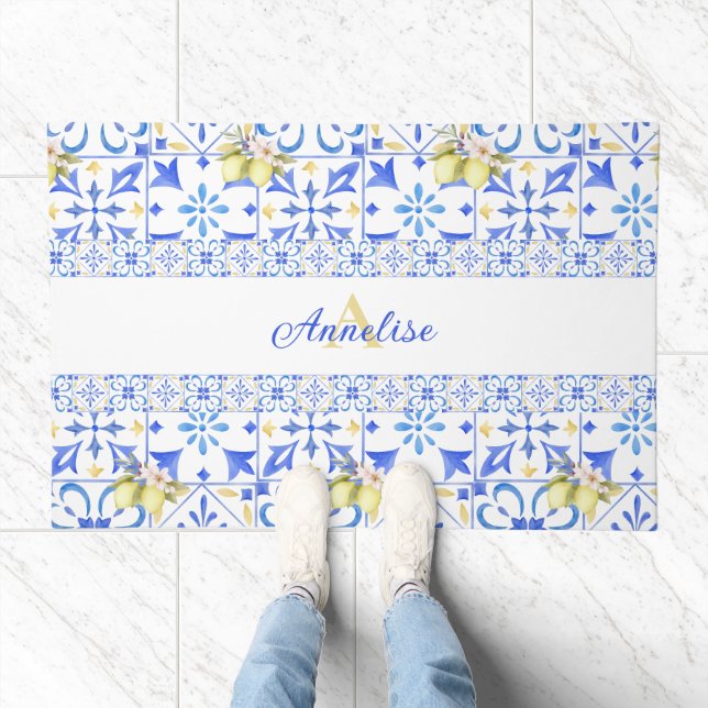 Blue Tile French Country Lemon Pattern Monogram Doormat (Indoor)
