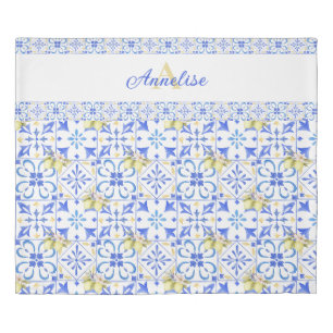 Blue Tile French Country Lemon Pattern Monogram Duvet Cover