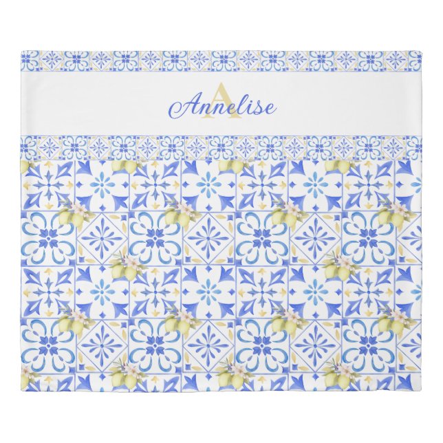 Blue Tile French Country Lemon Pattern Monogram  Duvet Cover (Front)