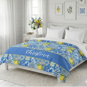 Blue Tile French Country Lemon Pattern Monogram Duvet Cover
