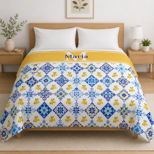 Blue Tile French Country Lemon Pattern Monogram Duvet Cover