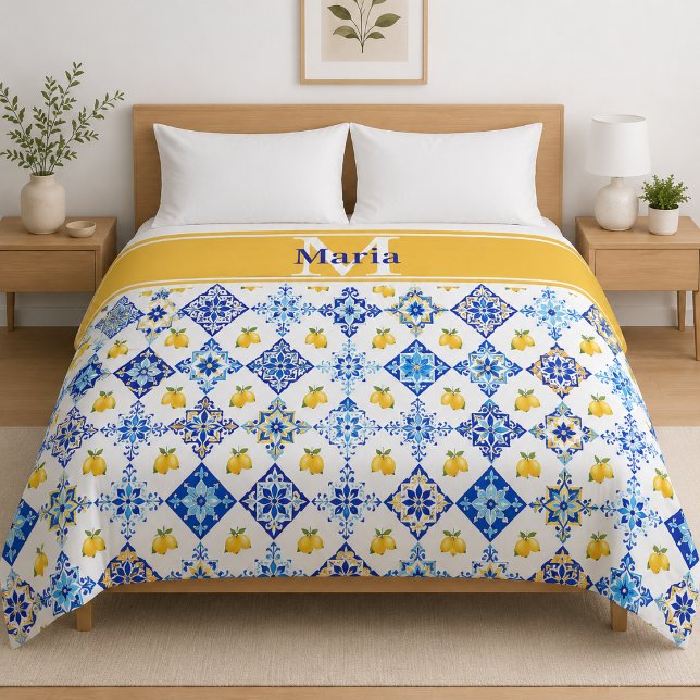Blue Tile French Country Lemon Pattern Monogram  Duvet Cover (Creator Uploaded)