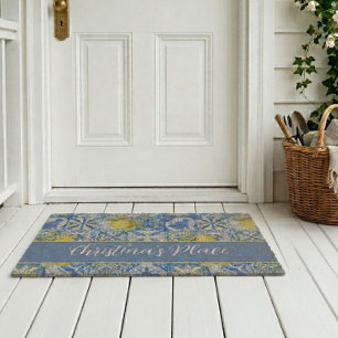 Blue Tile French Country Lemon Pattern Monogram Fiber Doormat