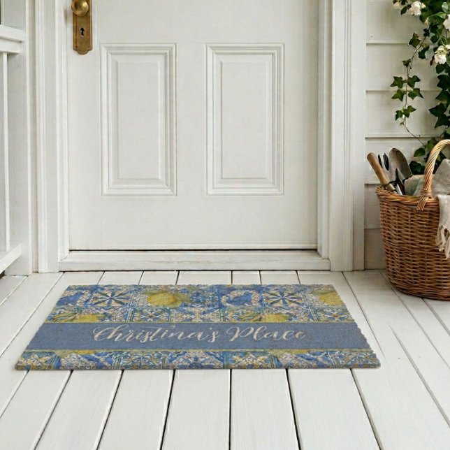 Blue Tile French Country Lemon Pattern Monogram Fiber Doormat (Creator Uploaded)