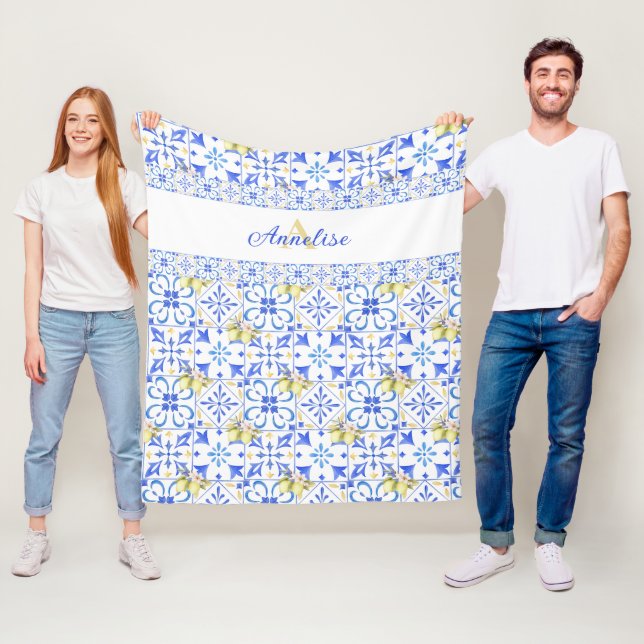 Blue Tile French Country Lemon Pattern Monogram  Fleece Blanket (In Situ)