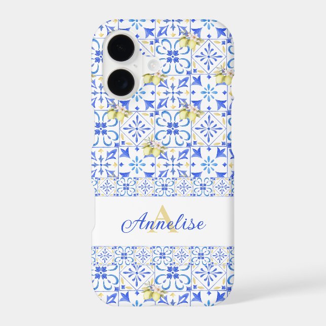 Blue Tile French Country Lemon Pattern Monogram  iPhone Case (Back)