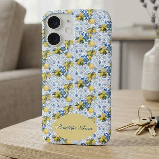 Blue Tile French Country Lemon Pattern Monogram Iphone Case (Creator Uploaded)