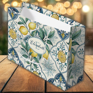 Blue Tile French Country Lemon Pattern Monogram Large Gift Bag