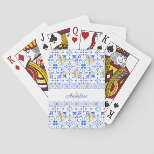 Blue Tile French Country Lemon Pattern Monogram Poker Cards