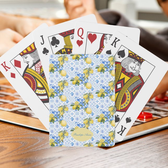 Blue Tile French Country Lemon Pattern Monogram Poker Cards (Creator Uploaded)