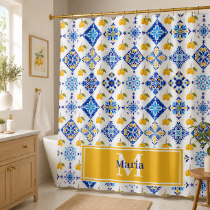 Blue Tile French Country Lemon Pattern Monogram Shower Curtain
