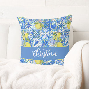 Blue Tile French Country Lemon Pattern Monogram Throw Pillow