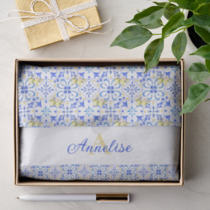 Blue Tile French Country Lemon Pattern Monogram Tissue Paper