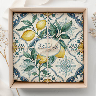 Blue Tile French Country Lemon Pattern Monogram Tissue Paper