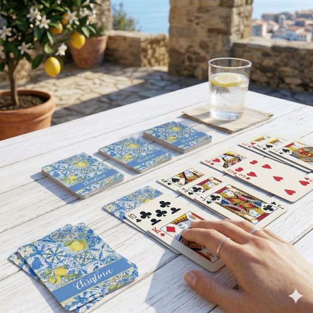 Blue Tile French Country Lemon Pattern Provencal Poker Cards (Creator Uploaded)