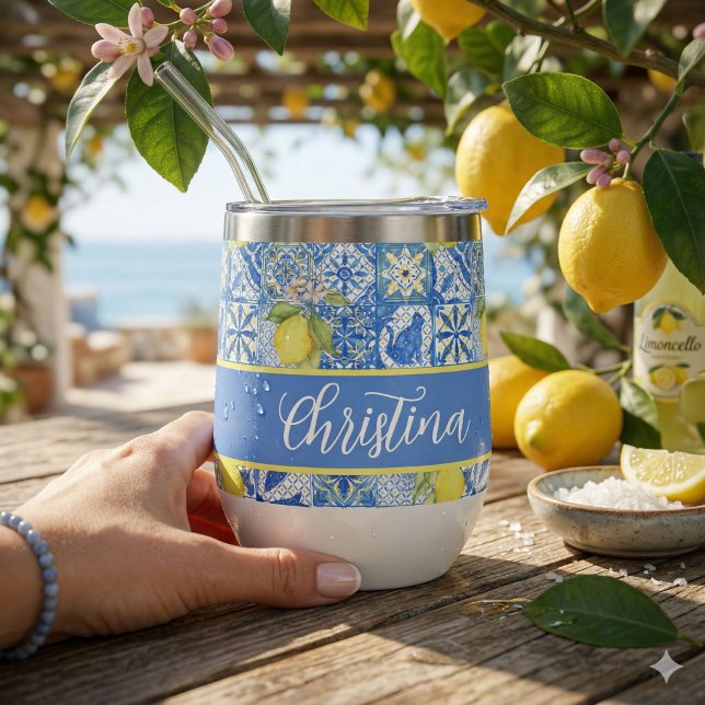 Blue Tile French Country Lemon Pattern Provencal Thermal Wine Tumbler (Creator Uploaded)